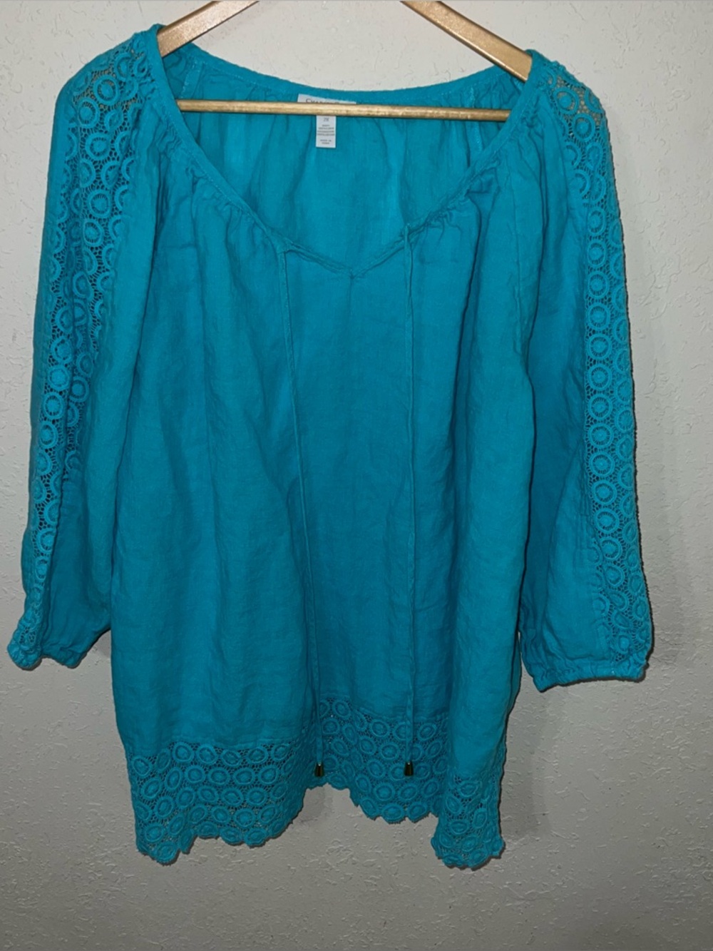 Charter Club Blue 100% Linen Top Crochet Sleeves & Hemline Accent Size 2X.